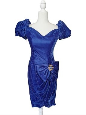 Alex Evenings Womens Blue Vintage Velvet Puff Sleeve Cocktail Midi Dress Size 6